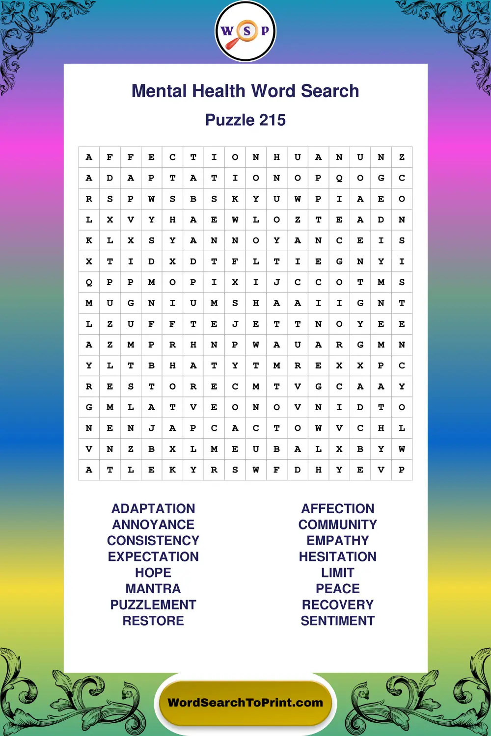 Mental Health Word Search Puzzle 215