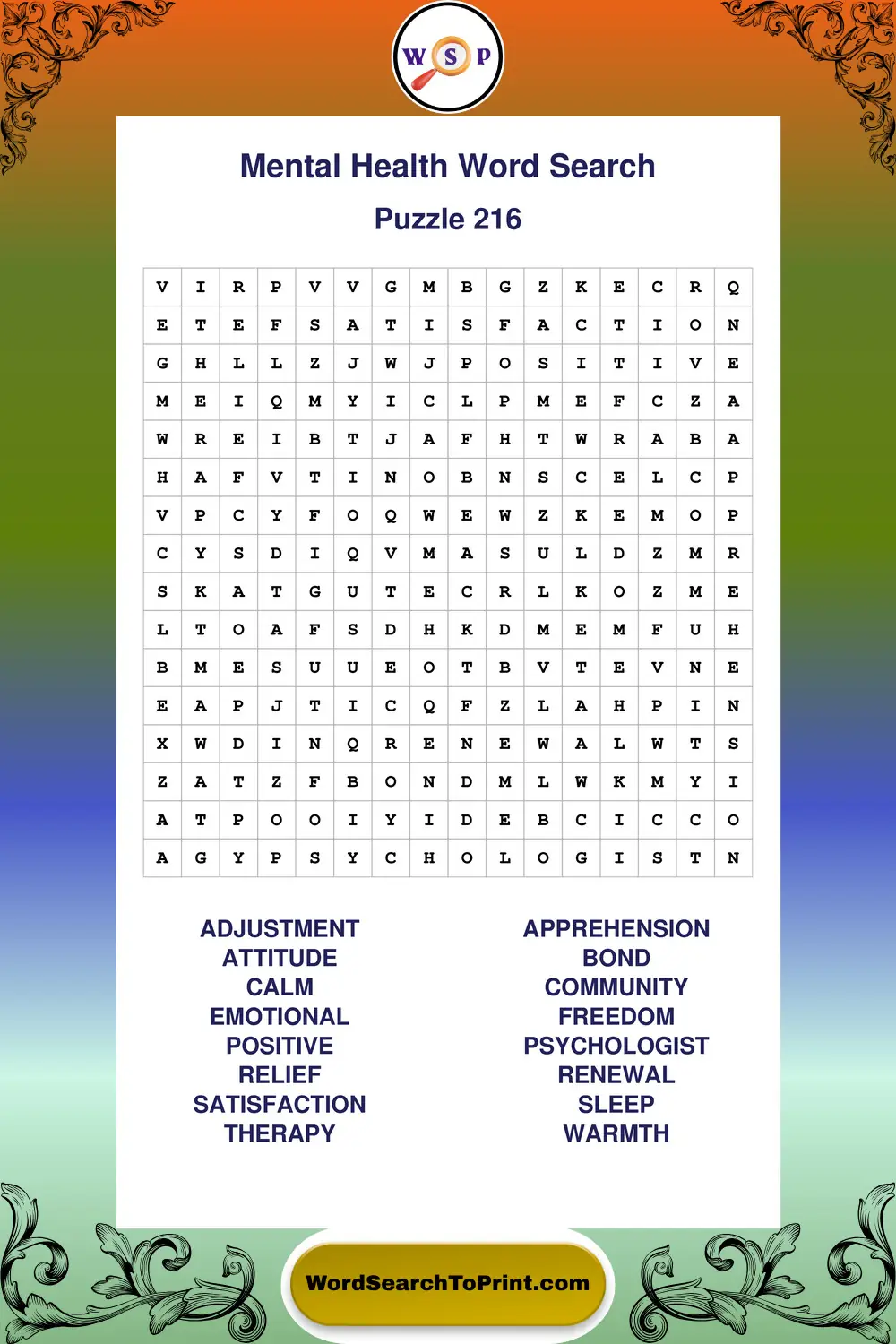 Mental Health Word Search Puzzle 216