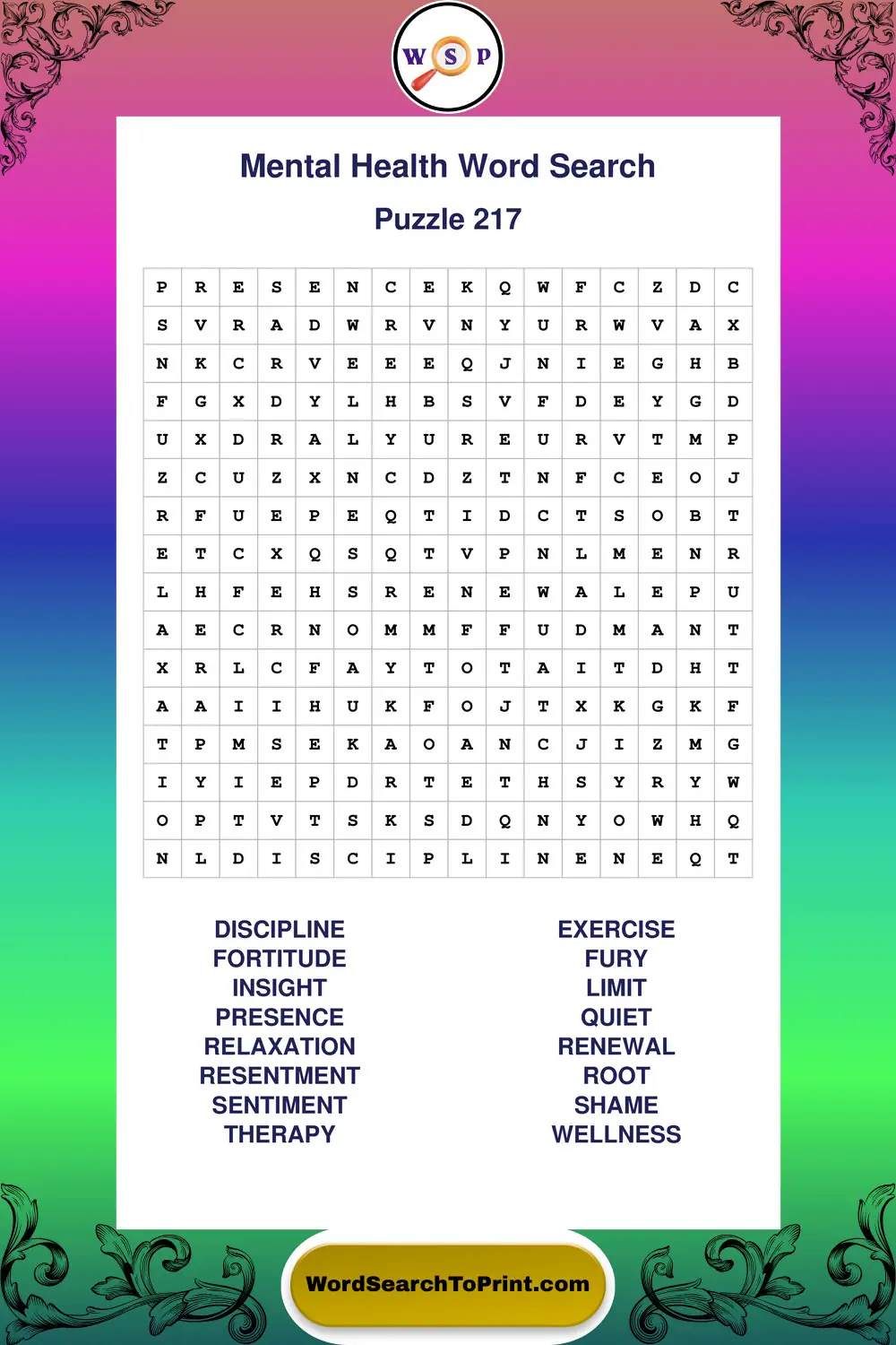 Mental Health Word Search Puzzle 217