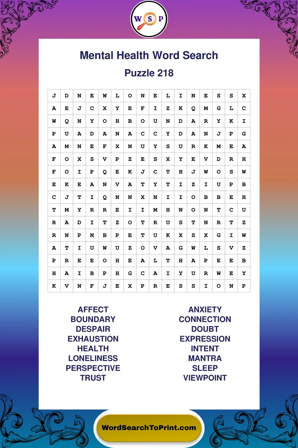 Mental Health Word Search Puzzle 218