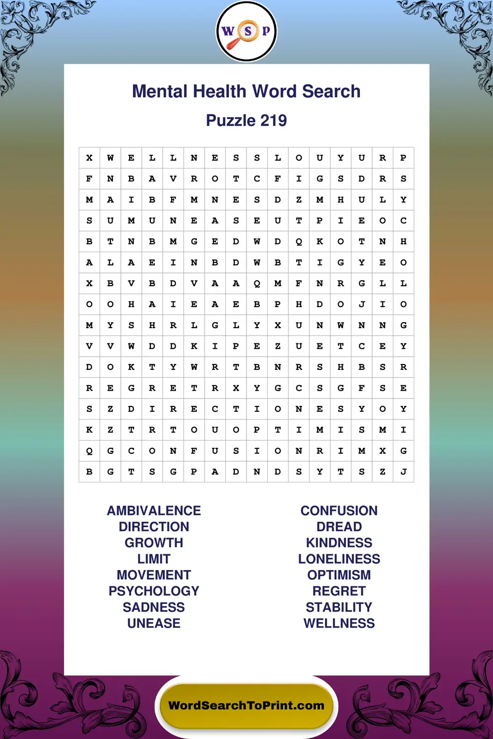 Mental Health Word Search Puzzle 219