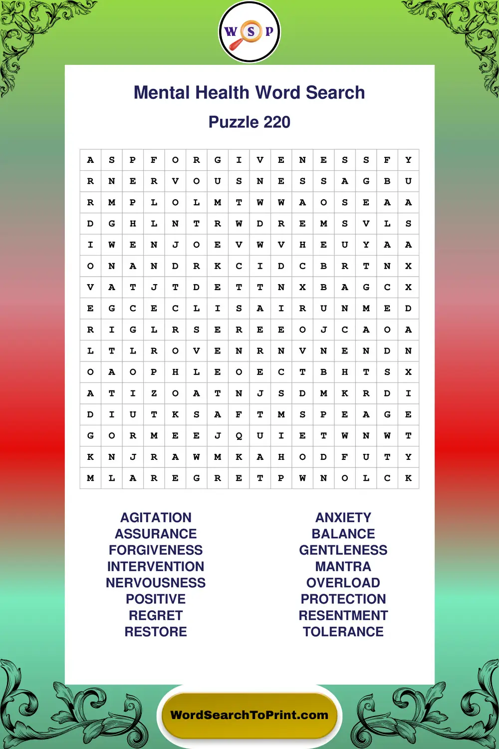 Mental Health Word Search Puzzle 220
