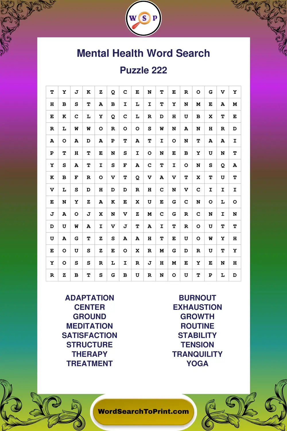 Mental Health Word Search Puzzle 222
