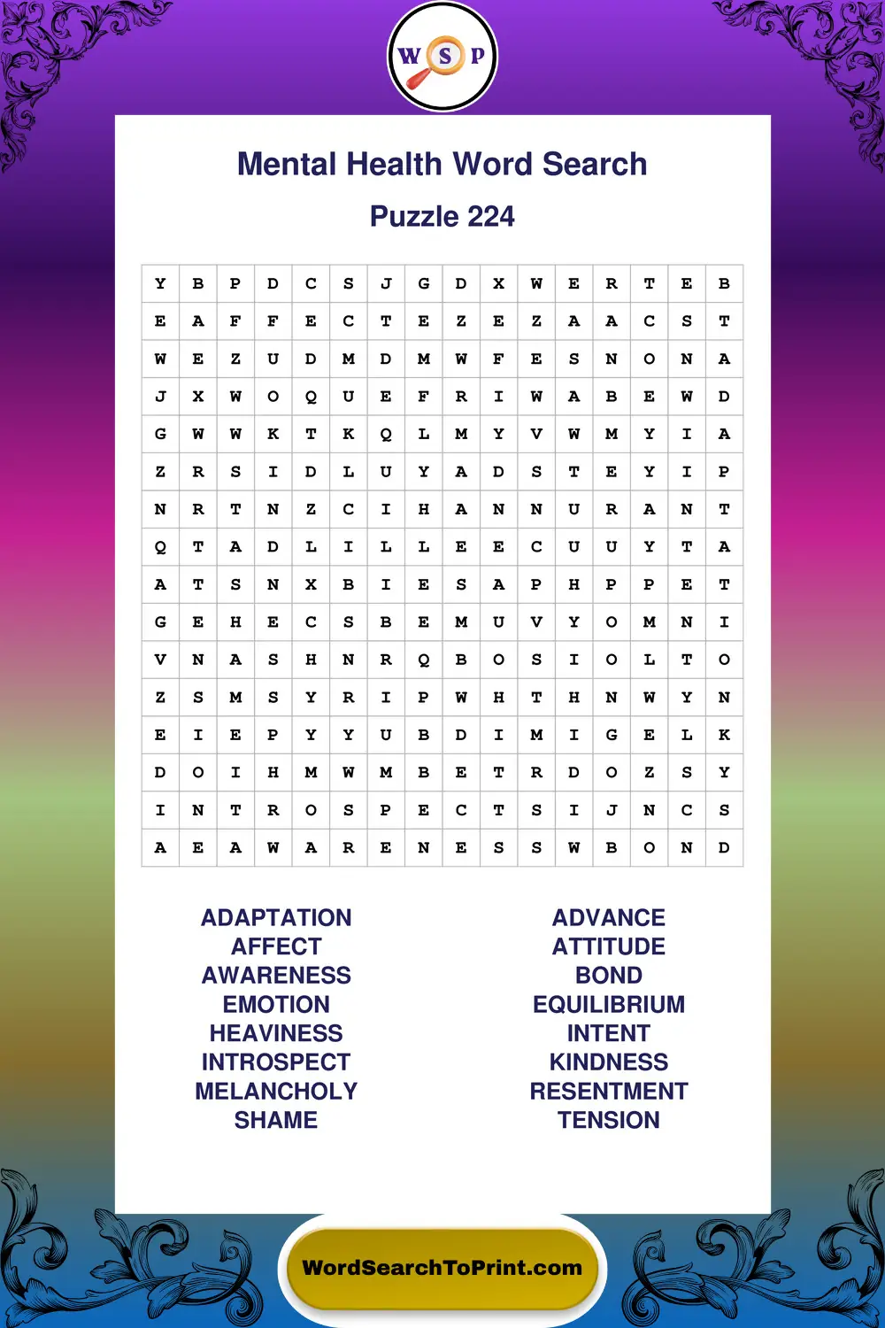 Mental Health Word Search Puzzle 224