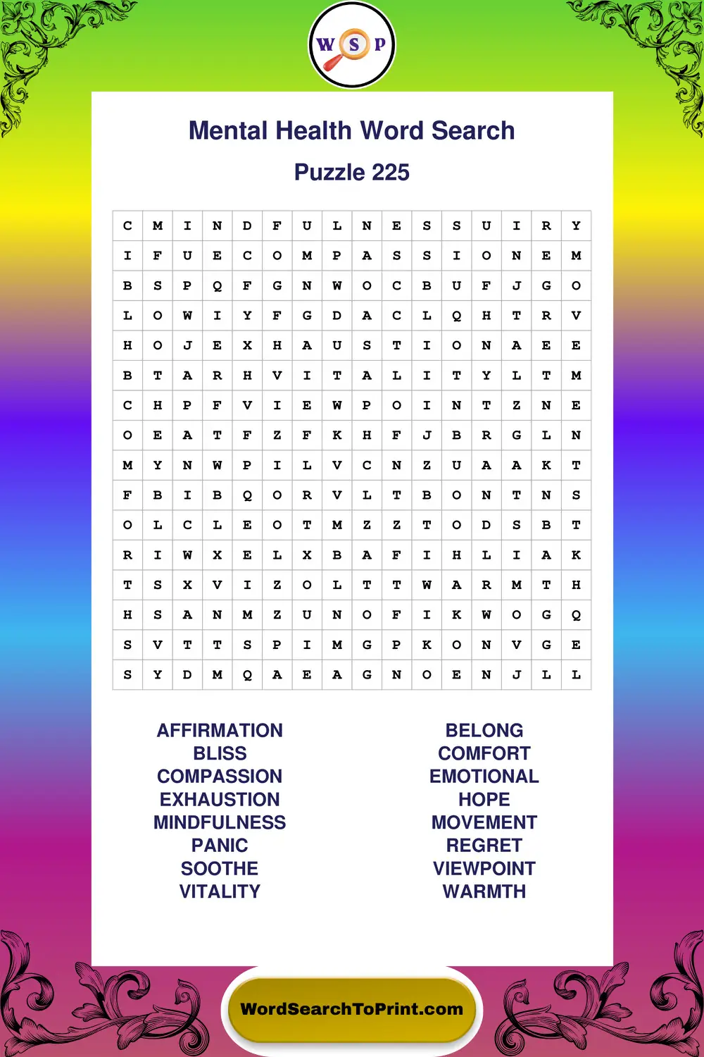 Mental Health Word Search Puzzle 225
