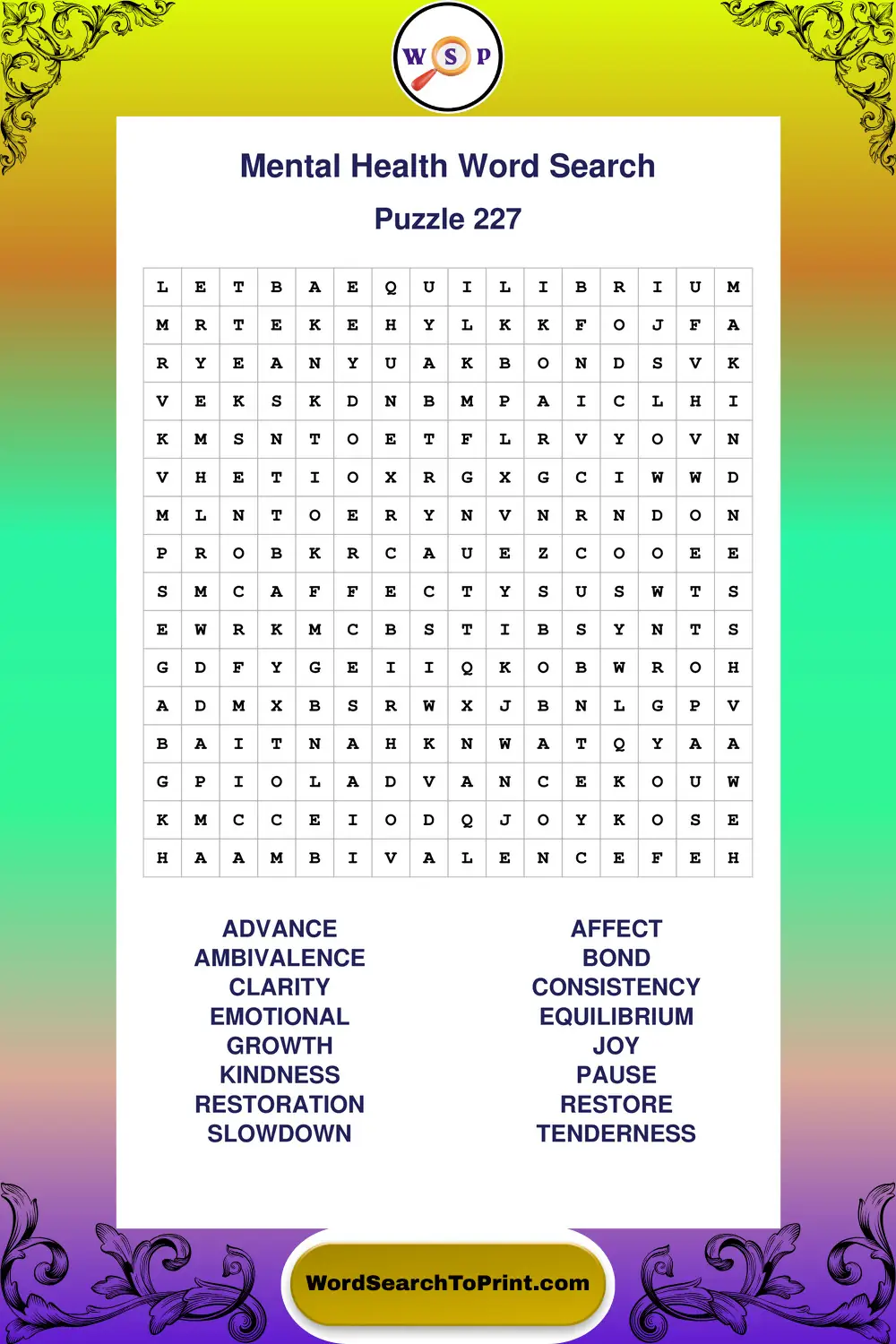 Mental Health Word Search Puzzle 227