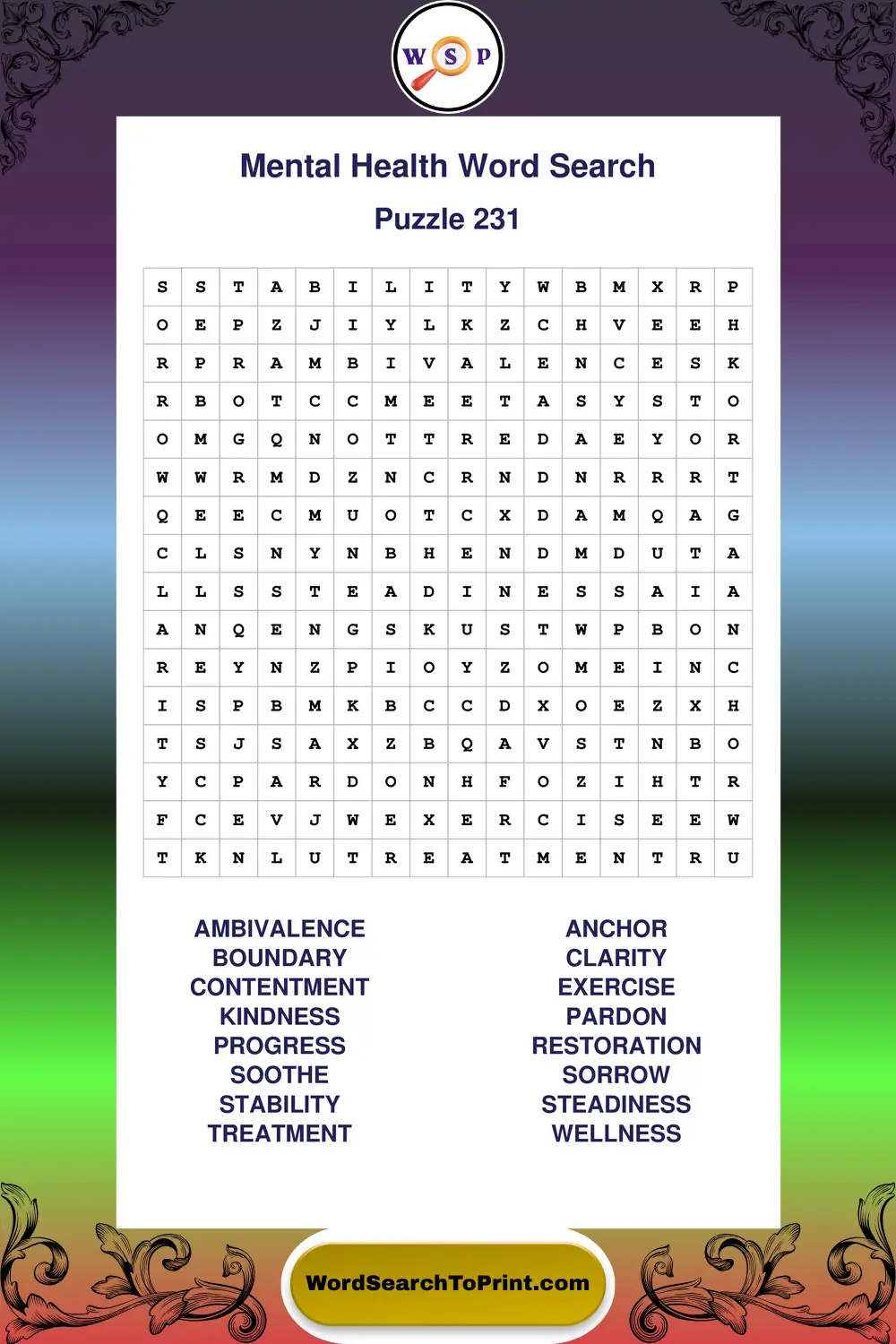 Mental Health Word Search Puzzle 231
