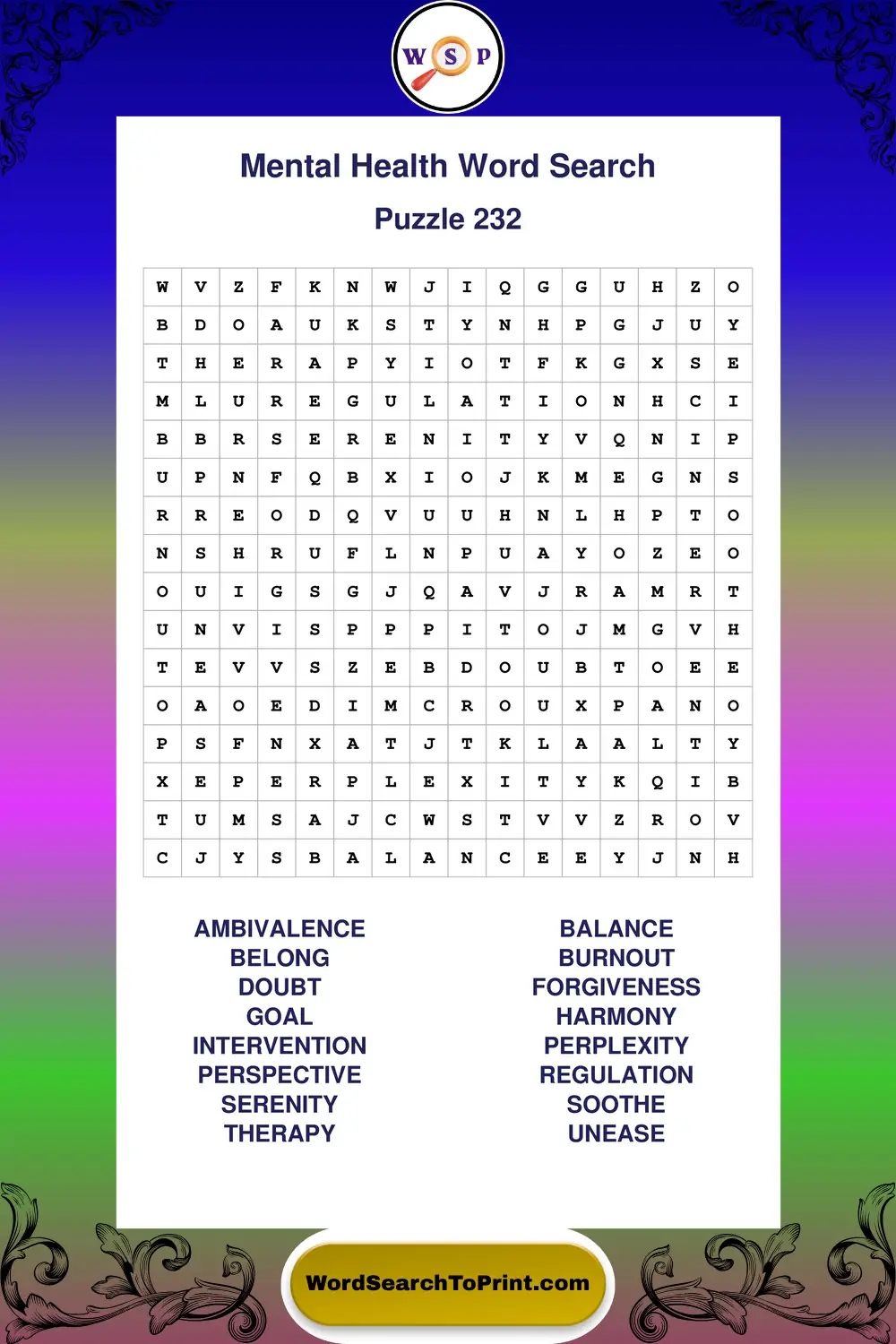 Mental Health Word Search Puzzle 232