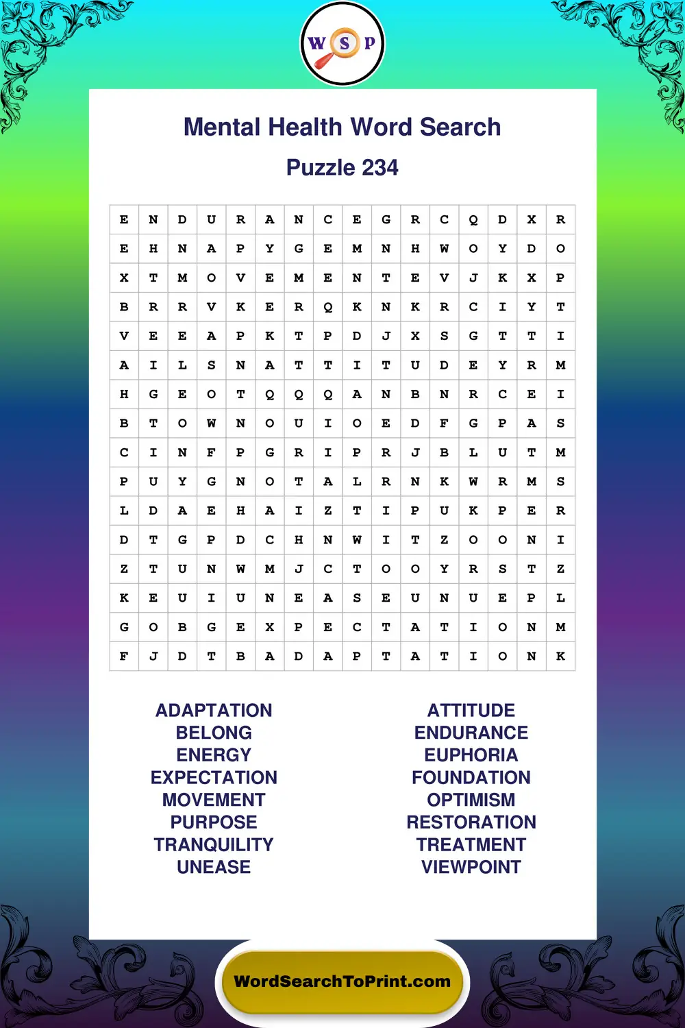 Mental Health Word Search Puzzle 234