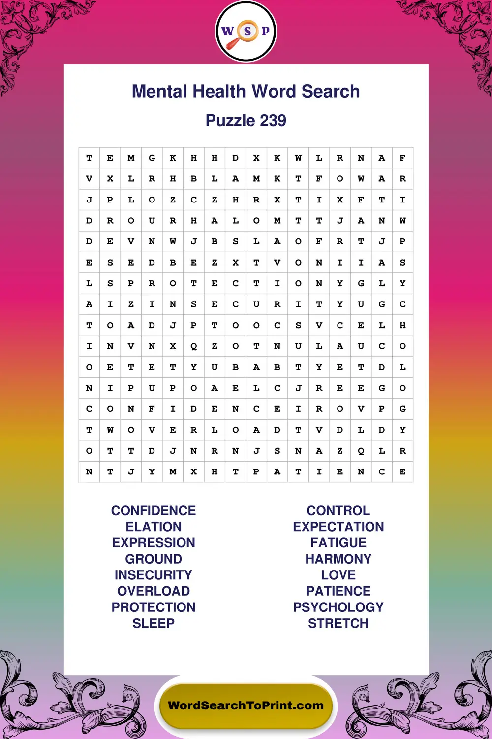 Mental Health Word Search Puzzle 239