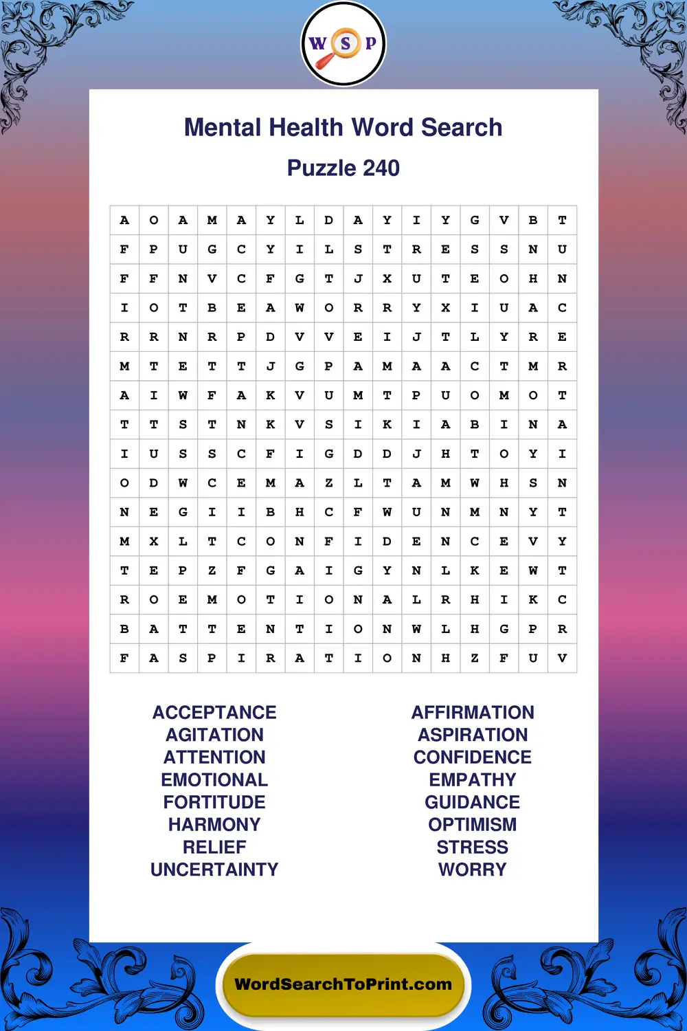 Mental Health Word Search Puzzle 240