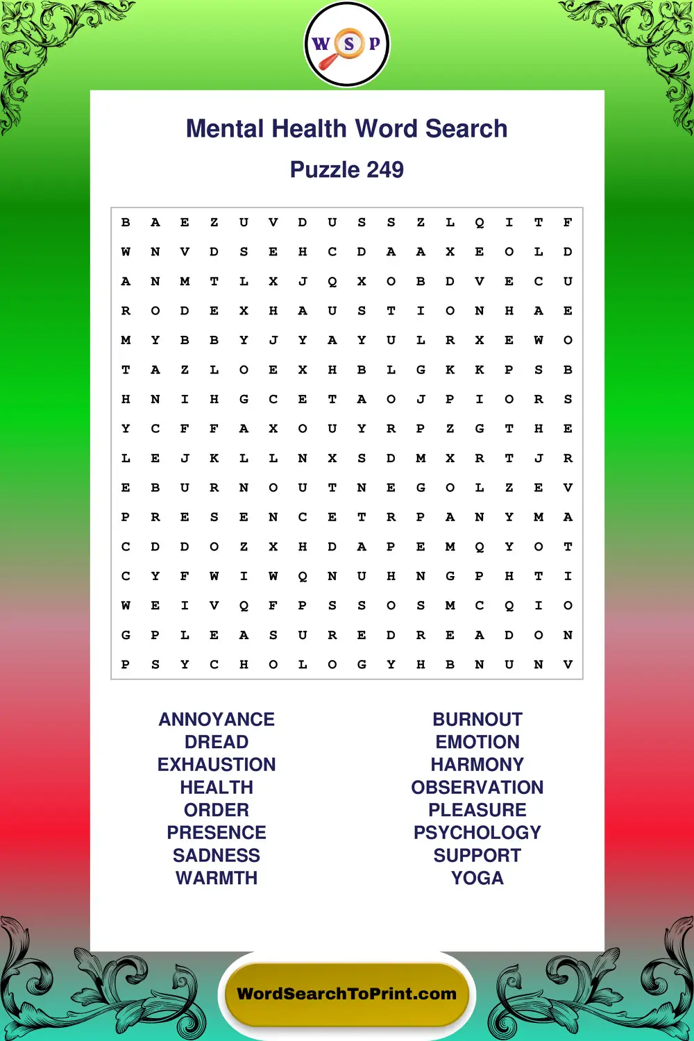 Mental Health Word Search Puzzle 249