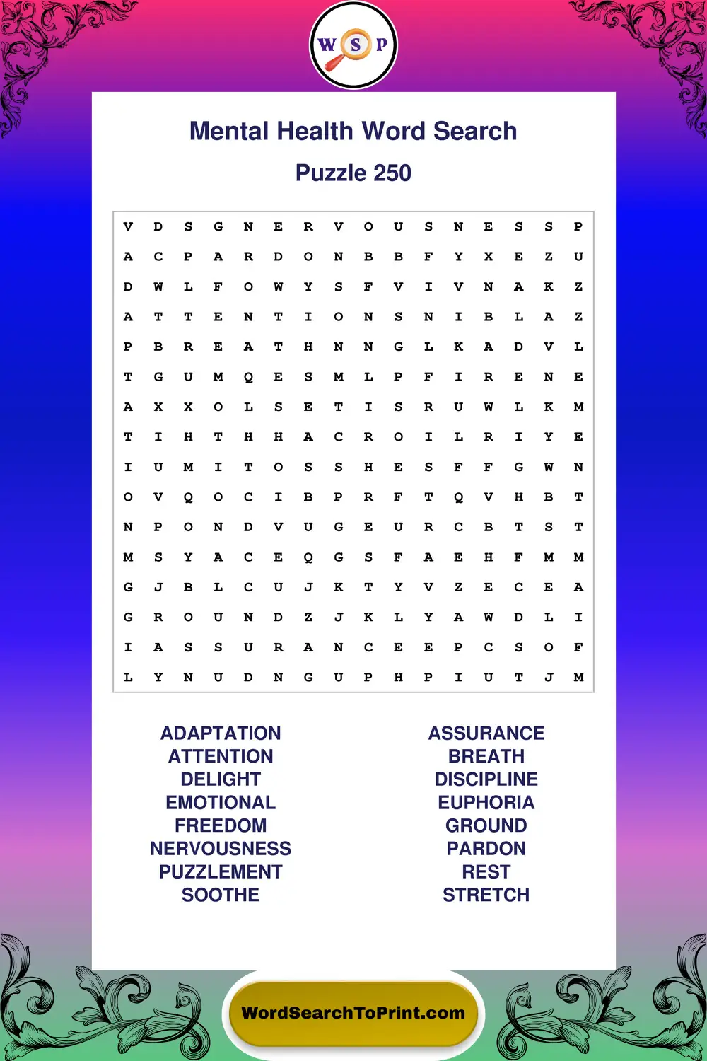 Mental Health Word Search Puzzle 250
