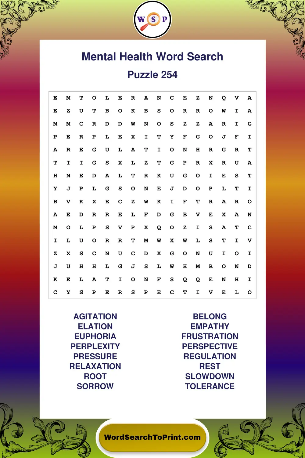 Mental Health Word Search Puzzle 254