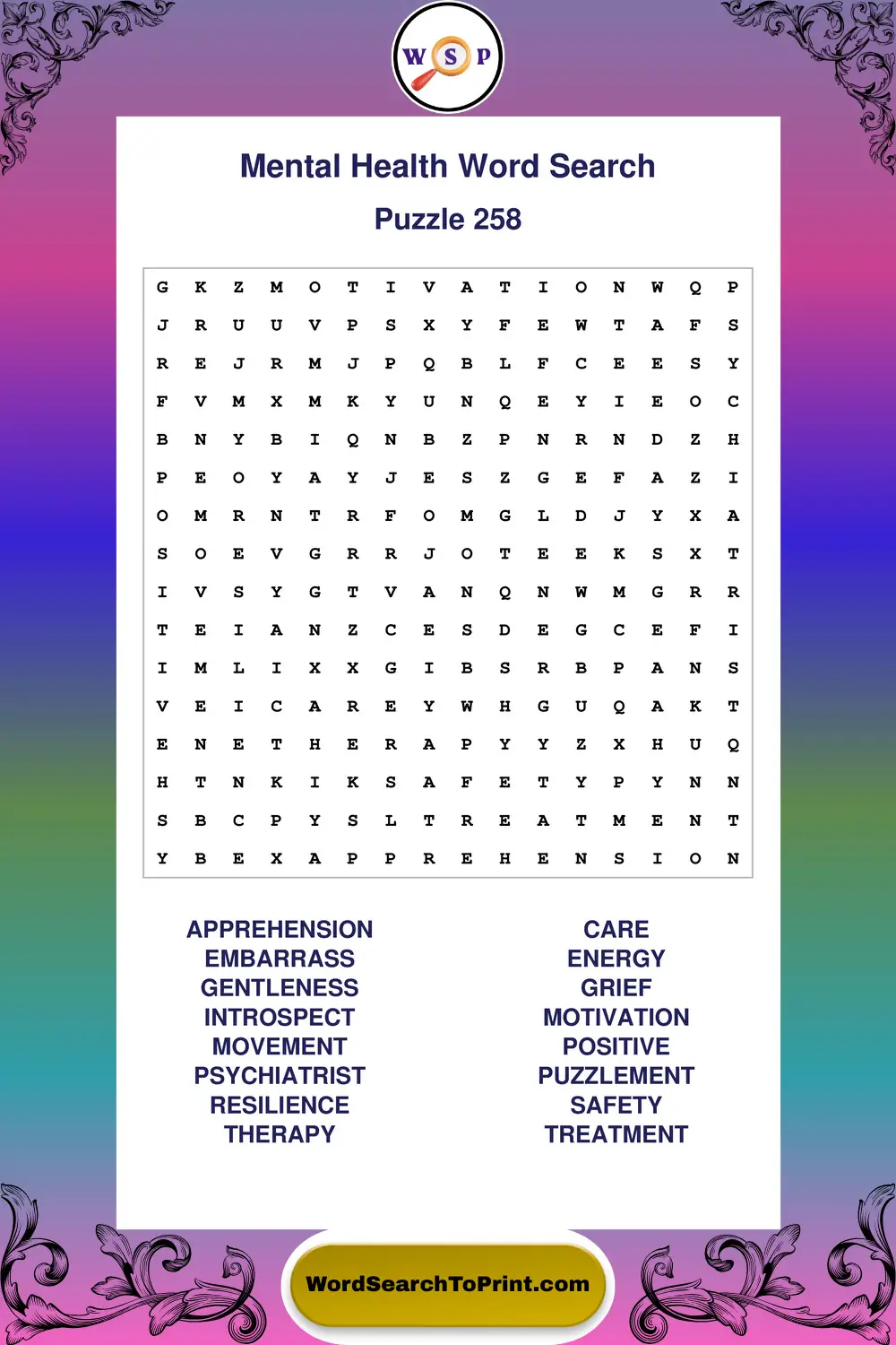 Mental Health Word Search Puzzle 258