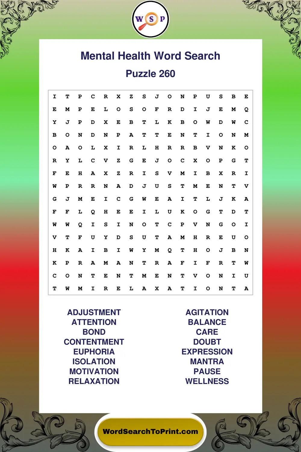Mental Health Word Search Puzzle 260