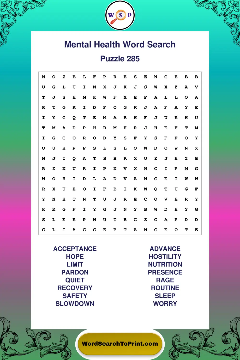 Mental Health Word Search Puzzle 285