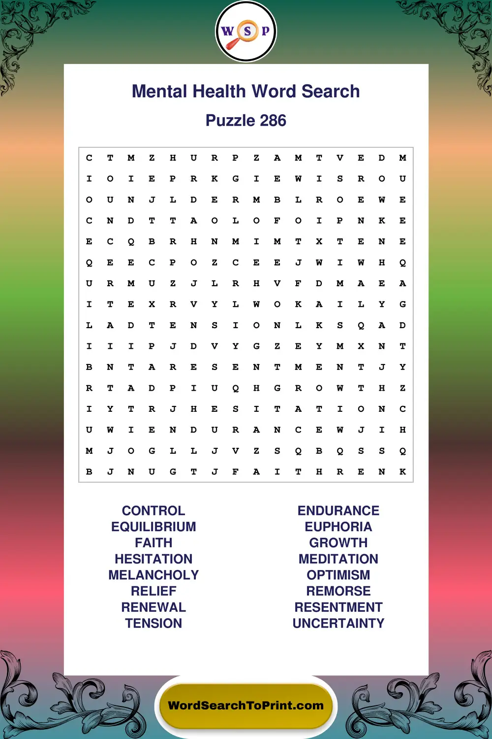 Mental Health Word Search Puzzle 286