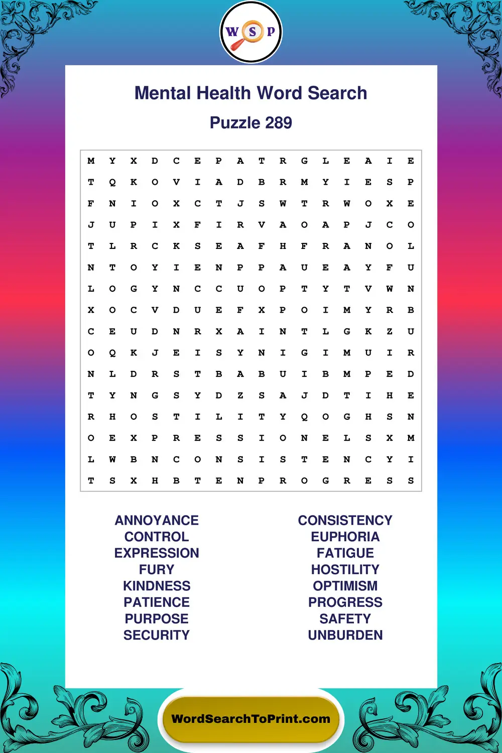 Mental Health Word Search Puzzle 289