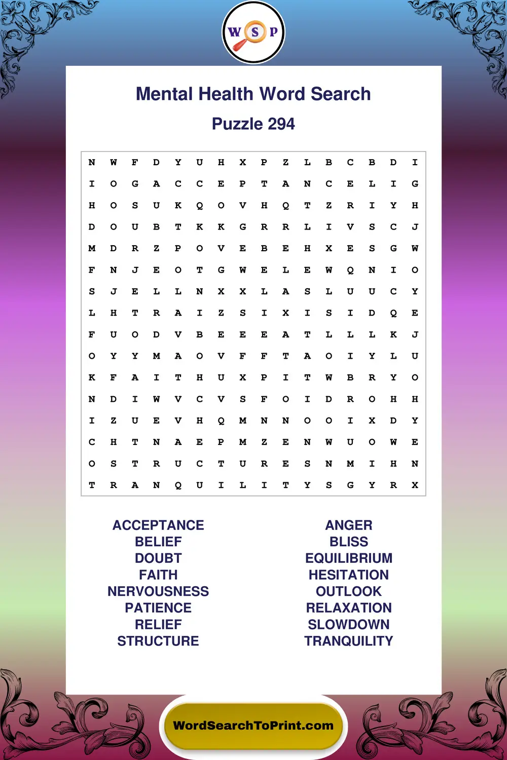 Mental Health Word Search Puzzle 294