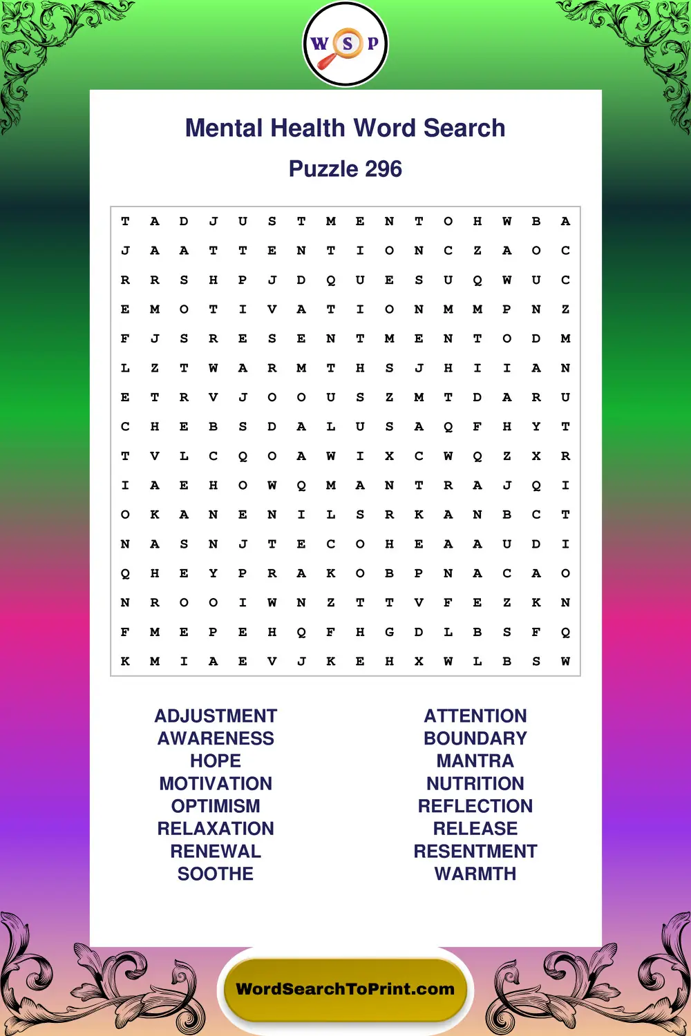 Mental Health Word Search Puzzle 296