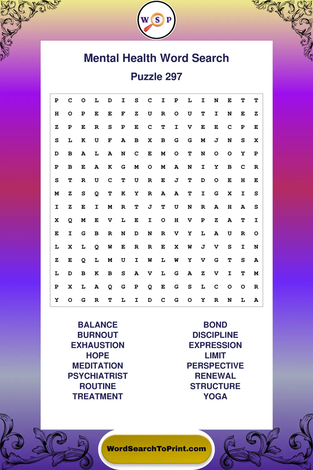 Mental Health Word Search Puzzle 297