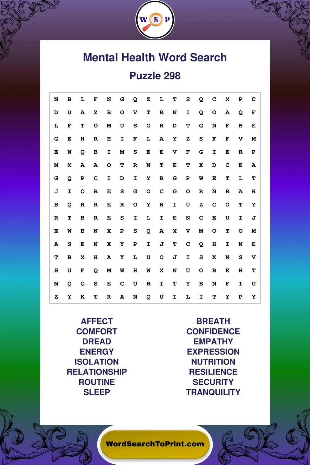 Mental Health Word Search Puzzle 298