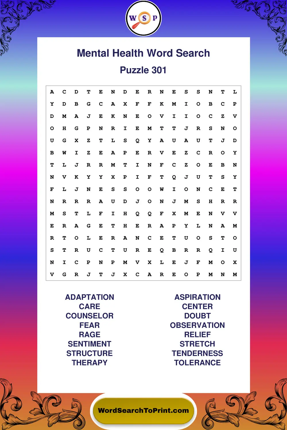 Mental Health Word Search Puzzle 301