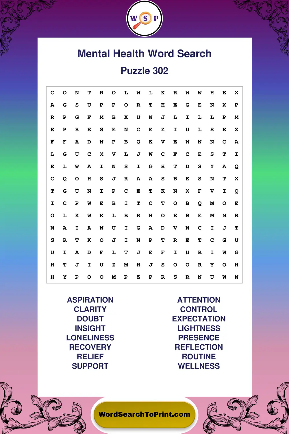 Mental Health Word Search Puzzle 302