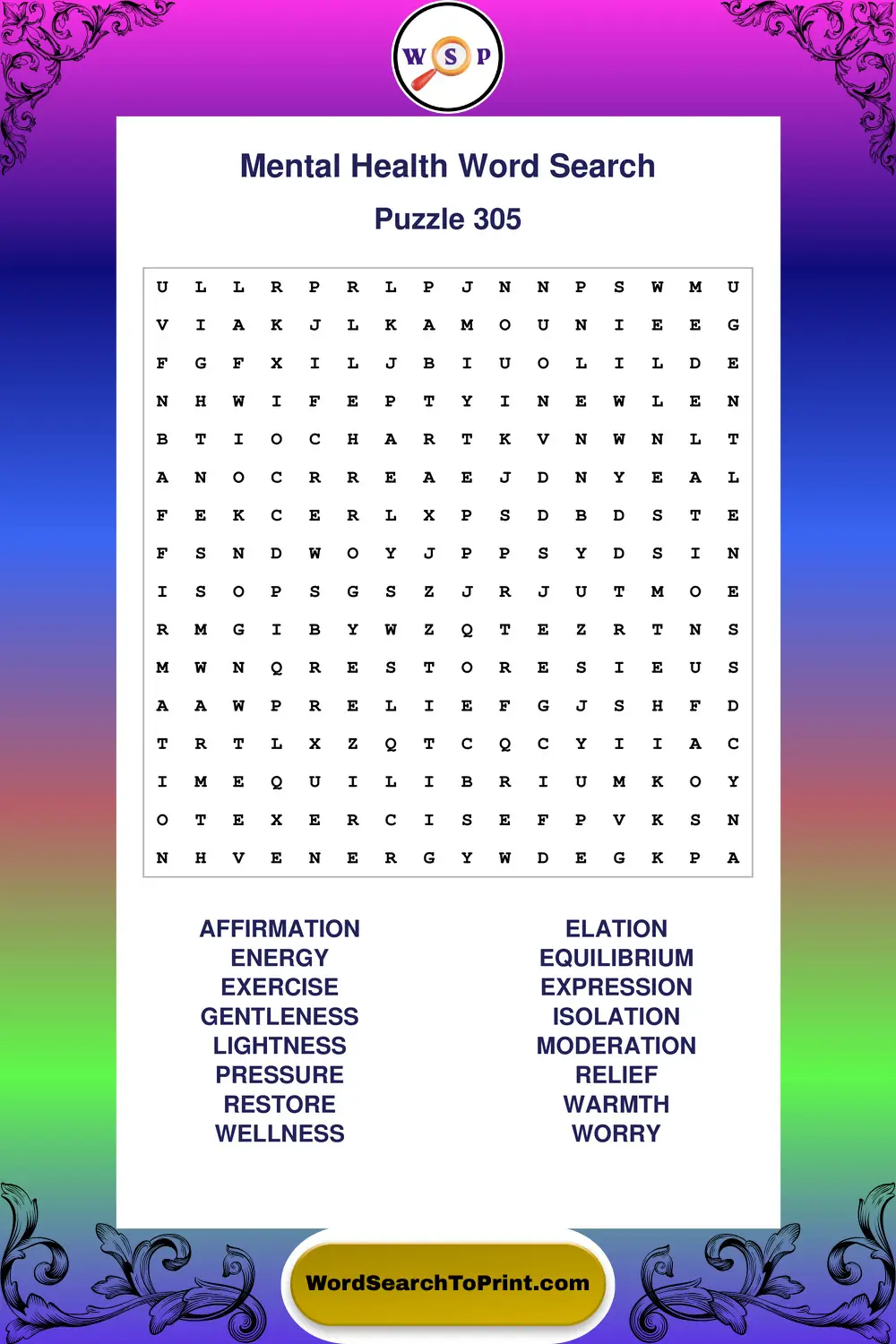 Mental Health Word Search Puzzle 305