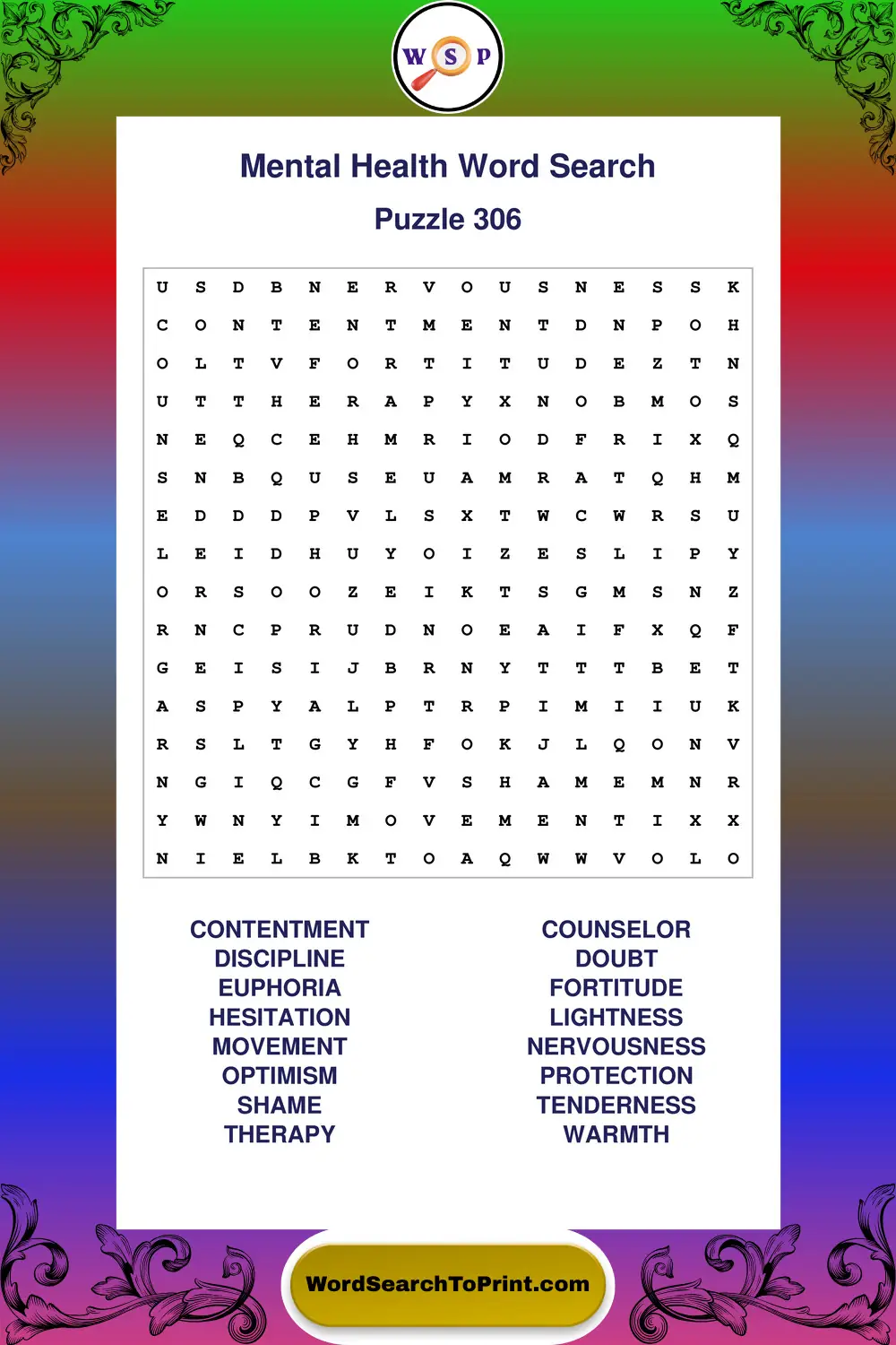 Mental Health Word Search Puzzle 306