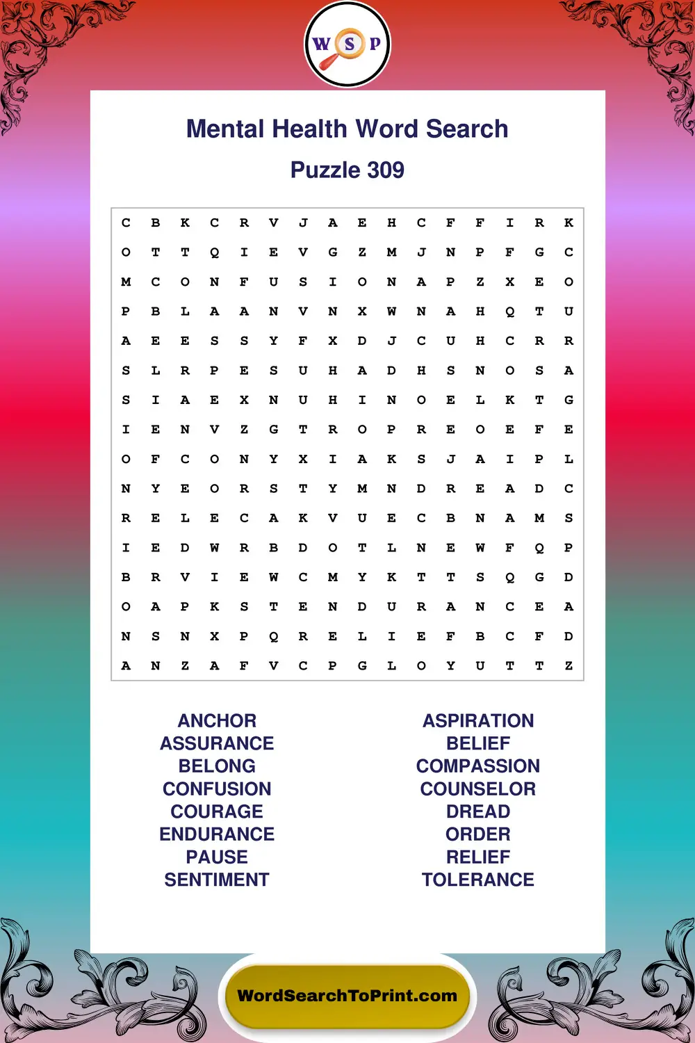 Mental Health Word Search Puzzle 309