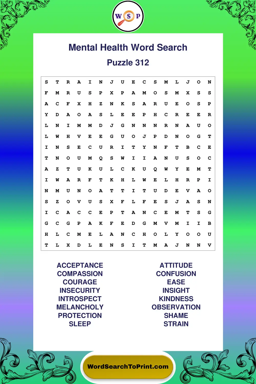 Mental Health Word Search Puzzle 312