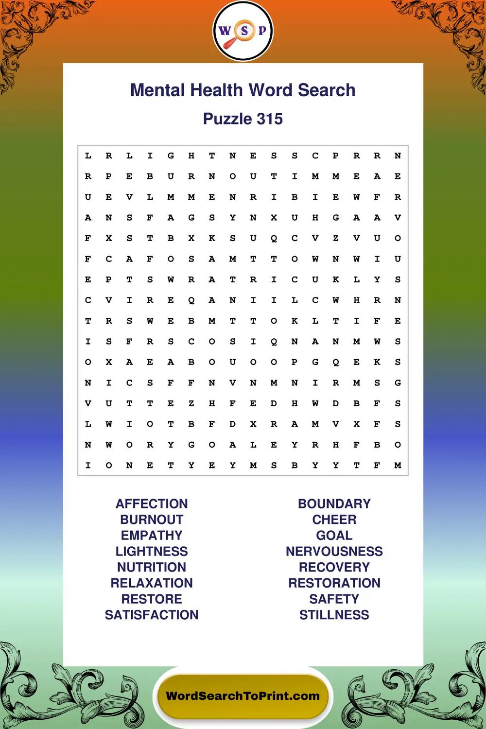 Mental Health Word Search Puzzle 315