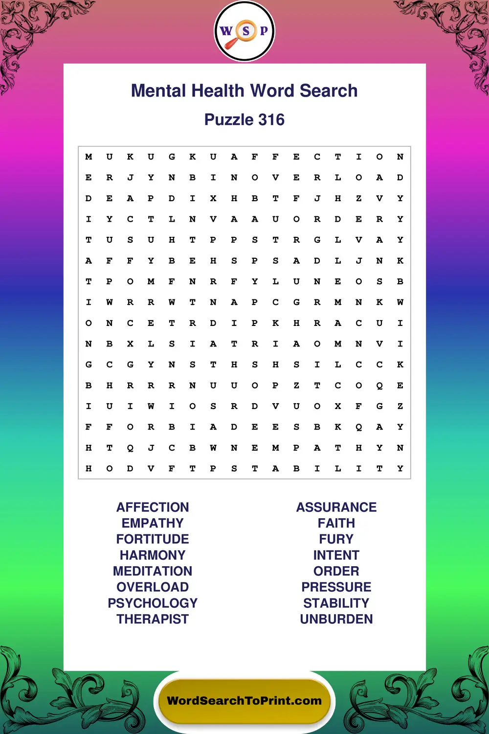 Mental Health Word Search Puzzle 316