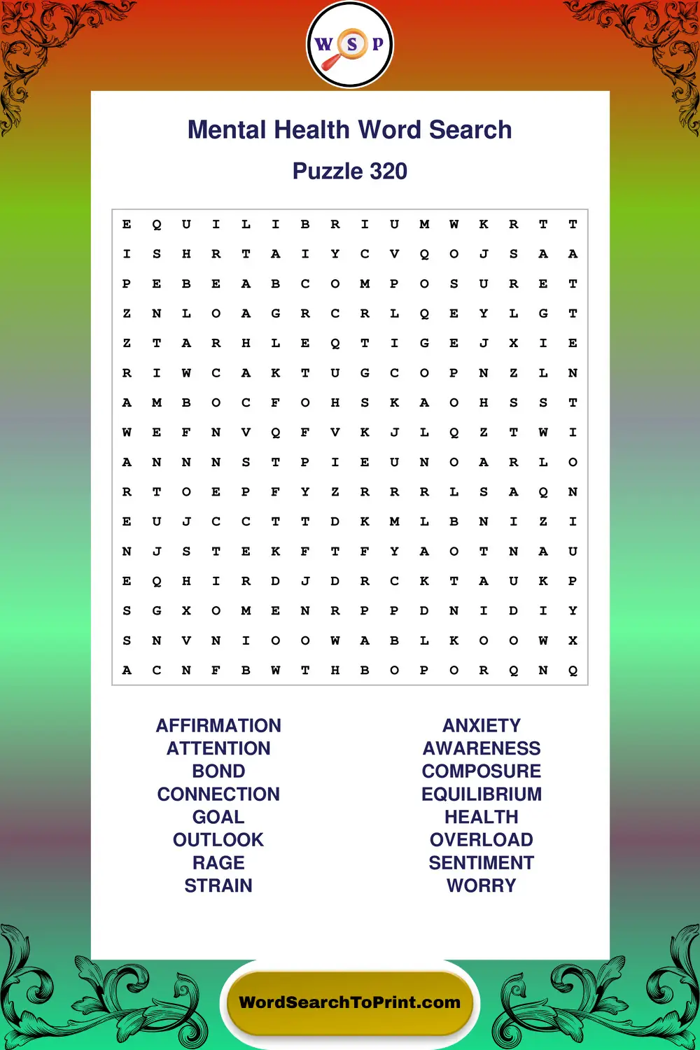 Mental Health Word Search Puzzle 320