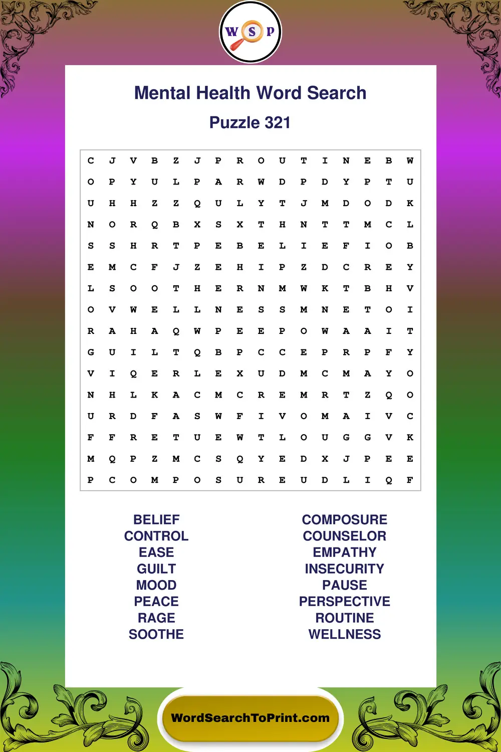 Mental Health Word Search Puzzle 321
