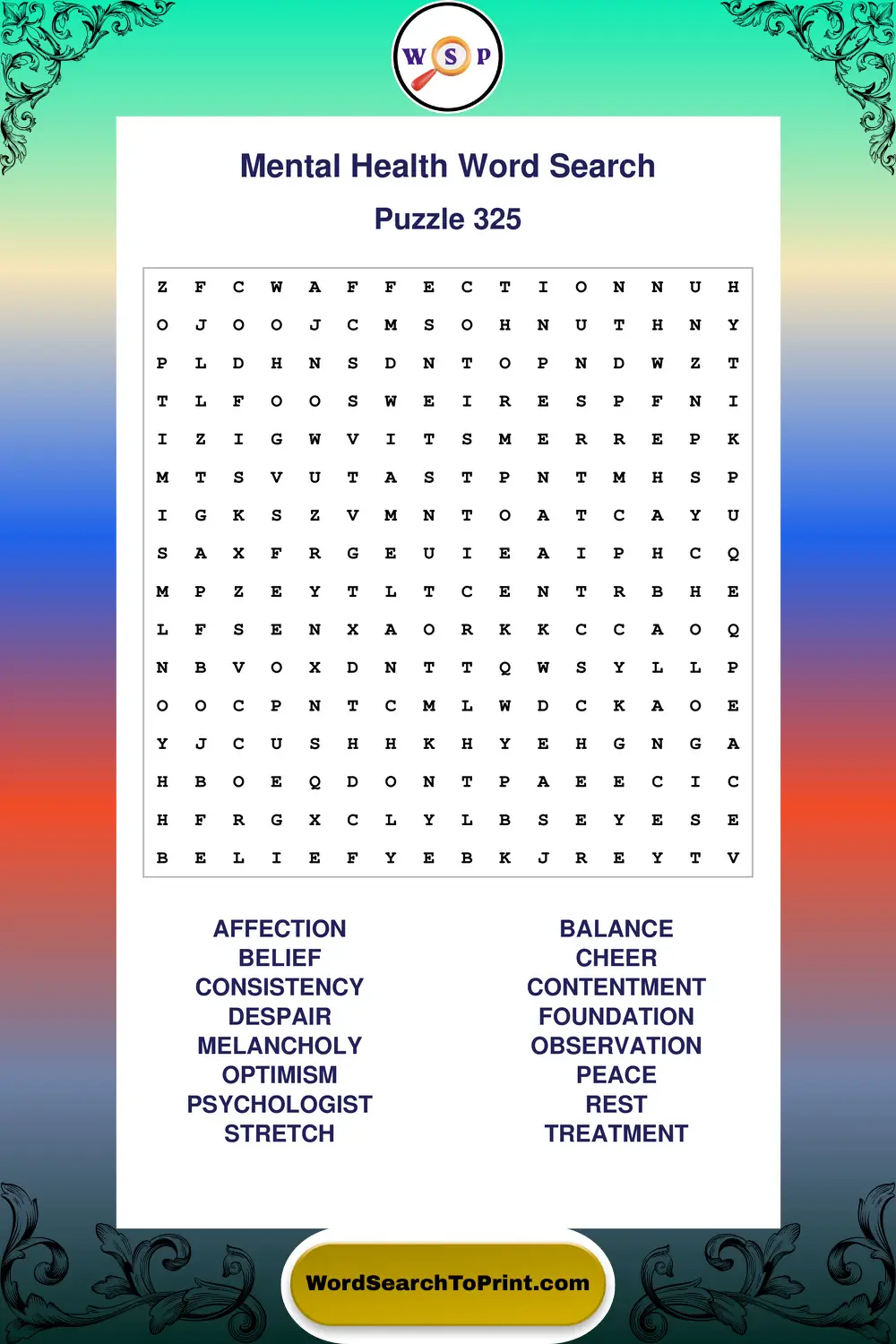 Mental Health Word Search Puzzle 325