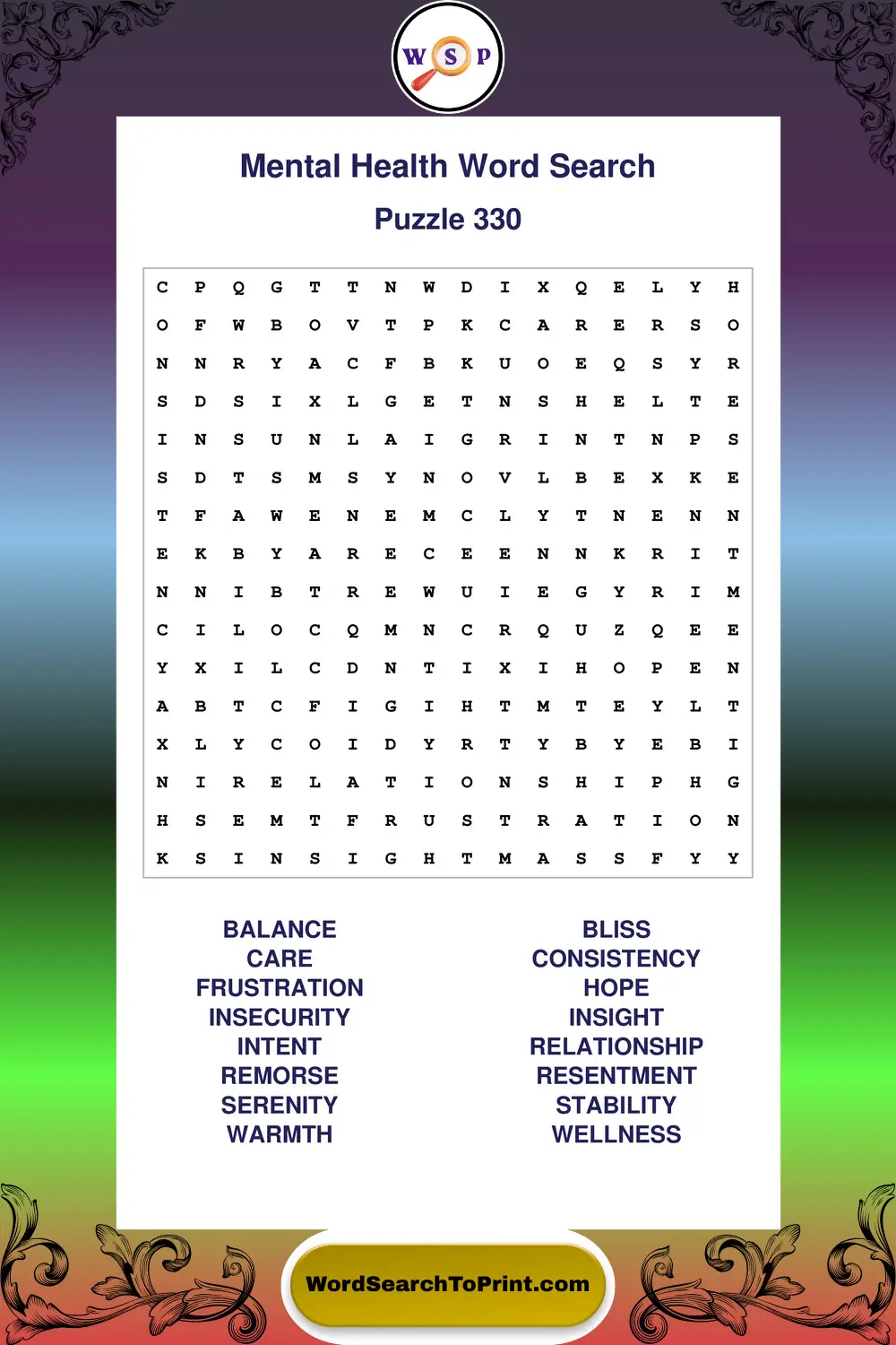 Mental Health Word Search Puzzle 330