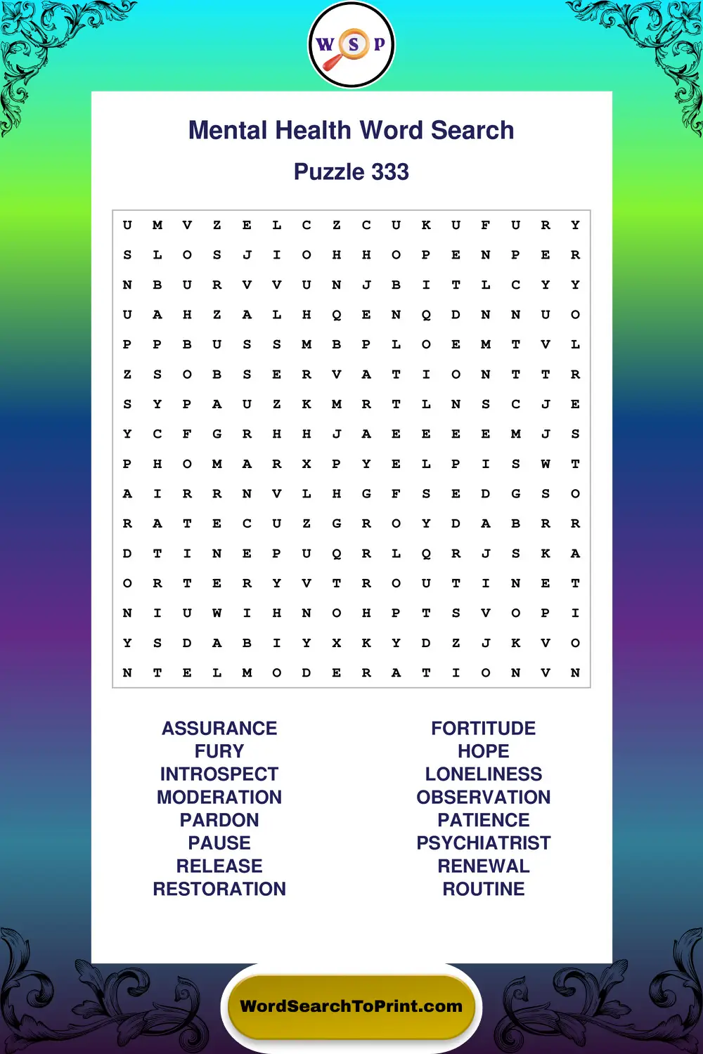 Mental Health Word Search Puzzle 333