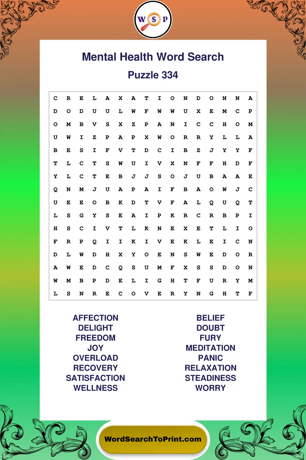 Mental Health Word Search Puzzle 334