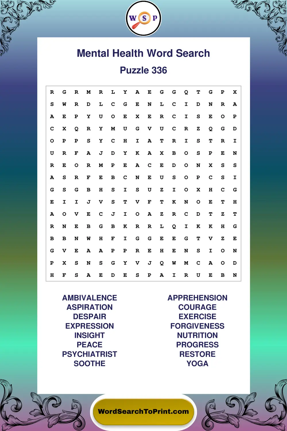 Mental Health Word Search Puzzle 336