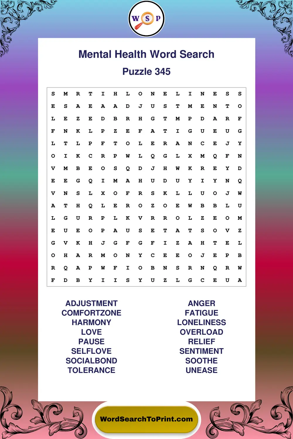 Mental Health Word Search Puzzle 345