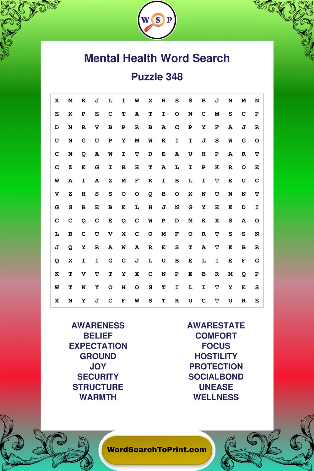 Mental Health Word Search Puzzle 348