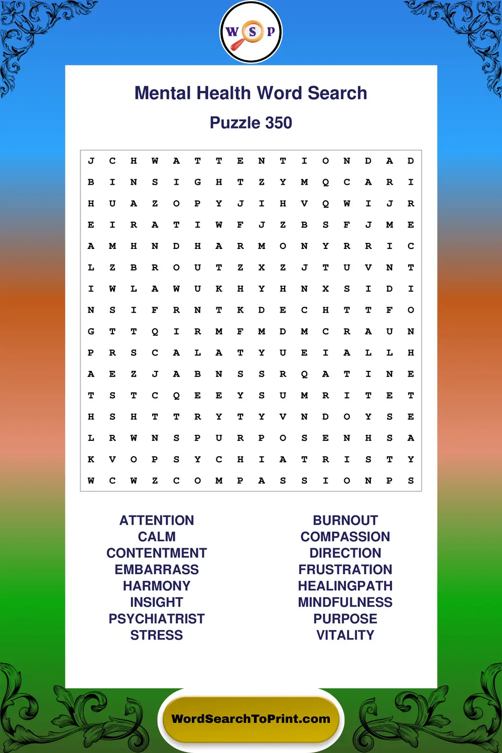 Mental Health Word Search Puzzle 350