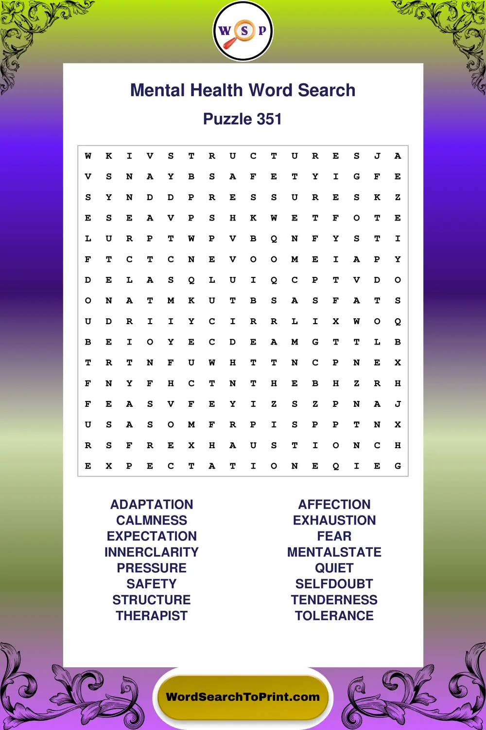 Mental Health Word Search Puzzle 351