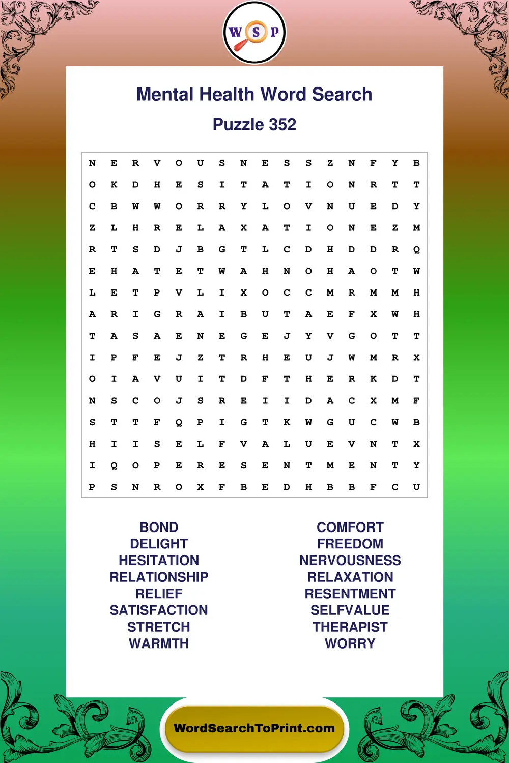 Mental Health Word Search Puzzle 352