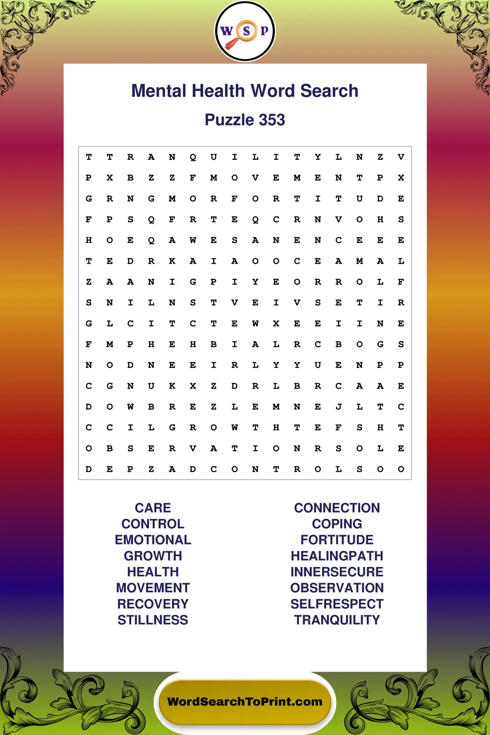 Mental Health Word Search Puzzle 353
