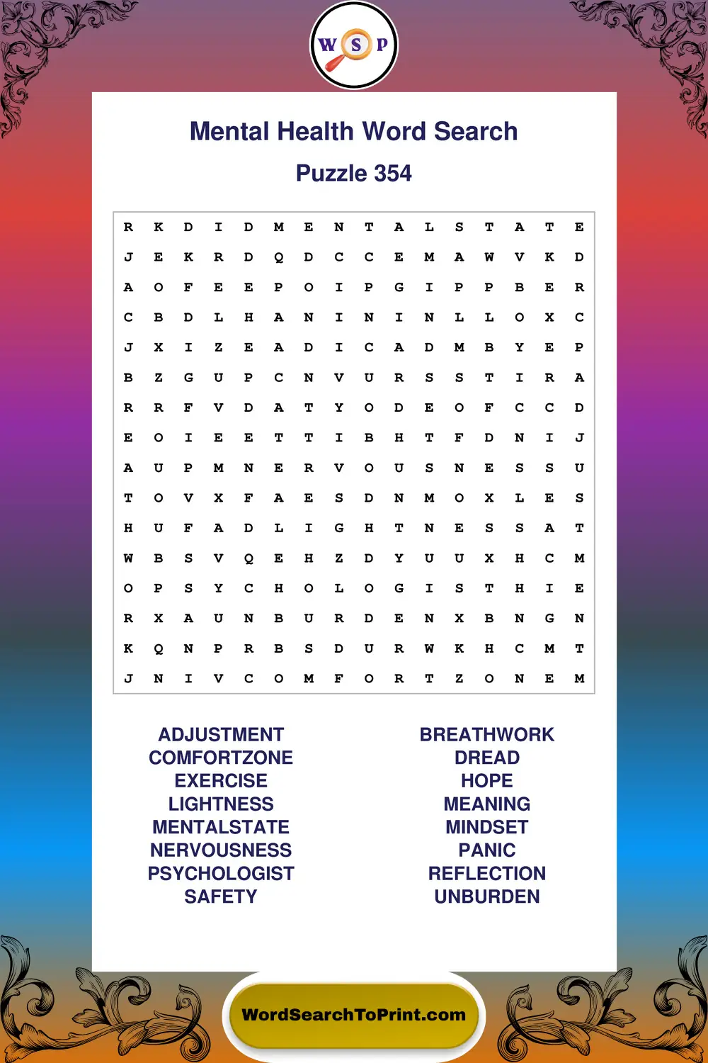 Mental Health Word Search Puzzle 354