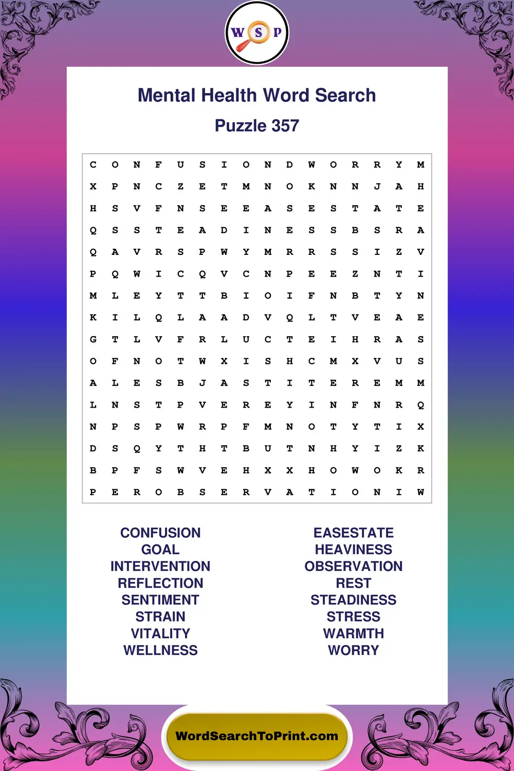 Mental Health Word Search Puzzle 357